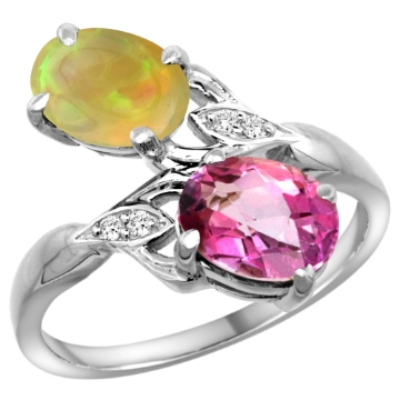 Picture of 10K White Gold Diamond Natural Pink Topaz & Ethiopian Opal 2-stone Mothers Ring Oval 8x6mm, size 5 - 10