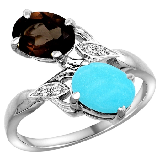Picture of 10K White Gold Diamond Natural Smoky Topaz & Turquoise 2-stone Ring Oval 8x6mm, sizes 5 - 10