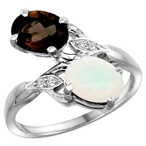 Picture of 10K White Gold Diamond Natural Smoky Topaz & Opal 2-stone Ring Oval 8x6mm, sizes 5 - 10