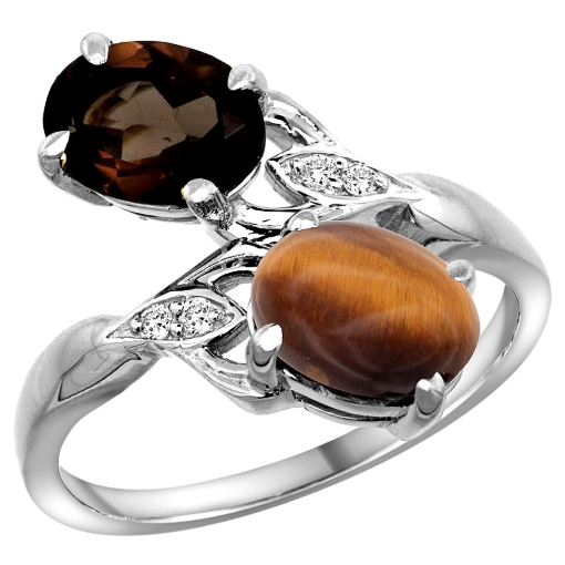 Picture of 10K White Gold Diamond Natural Smoky Topaz & Tiger Eye 2-stone Ring Oval 8x6mm, sizes 5 - 10
