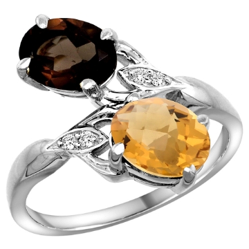 Picture of 10K White Gold Diamond Natural Smoky Topaz & Whisky Quartz 2-stone Ring Oval 8x6mm, sizes 5 - 10
