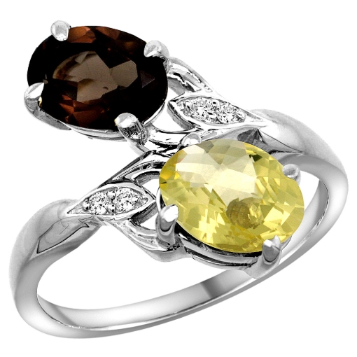 Picture of 10K White Gold Diamond Natural Smoky Topaz & Lemon Quartz 2-stone Ring Oval 8x6mm, sizes 5 - 10