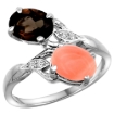 Picture of 10K White Gold Diamond Natural Smoky Topaz & Coral 2-stone Ring Oval 8x6mm, sizes 5 - 10