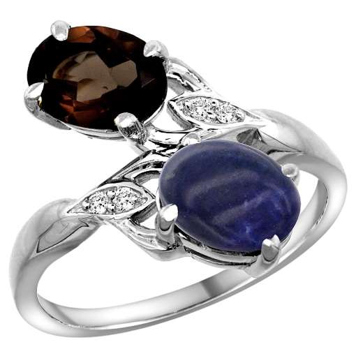 Picture of 10K White Gold Diamond Natural Smoky Topaz & Lapis 2-stone Ring Oval 8x6mm, sizes 5 - 10