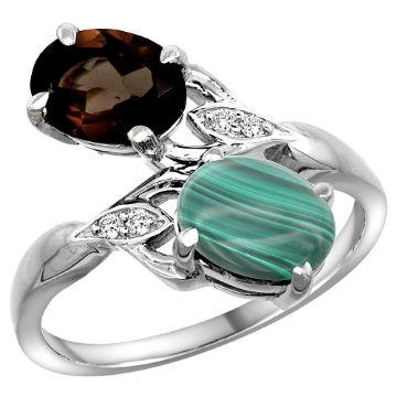 Picture of 10K White Gold Diamond Natural Smoky Topaz & Malachite 2-stone Ring Oval 8x6mm, sizes 5 - 10