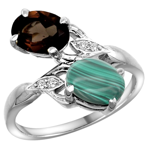 Picture of 10K White Gold Diamond Natural Smoky Topaz & Malachite 2-stone Ring Oval 8x6mm, sizes 5 - 10
