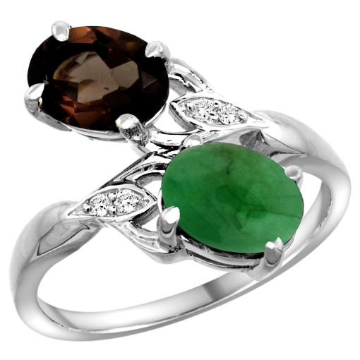Picture of 10K White Gold Diamond Natural Smoky Topaz & Cabochon Emerald 2-stone Ring Oval 8x6mm, sizes 5 - 10
