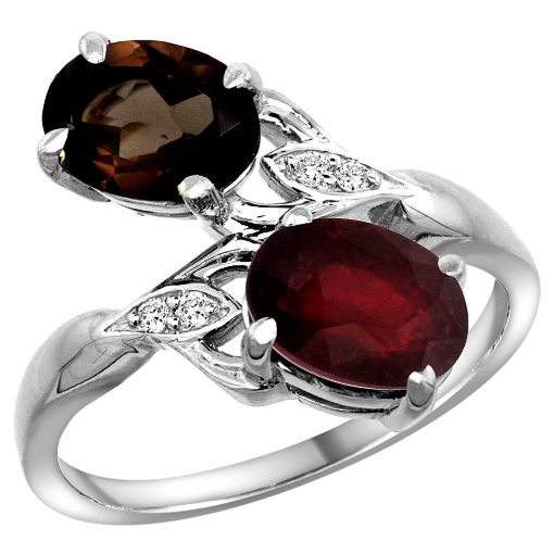Picture of 10K White Gold Diamond Natural Smoky Topaz Ruby 2-stone Mothers Ring Oval 8x6mm size 5 - 10