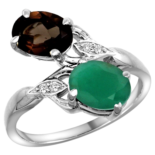 Picture of 10K White Gold Diamond Natural Smoky Topaz Emerald 2-stone Mothers Ring Oval 8x6mm size 5 - 10