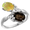 Picture of 10K White Gold Diamond Natural Smoky Topaz & Ethiopian Opal 2-stone Mothers Ring Oval 8x6mm, size 5 - 10