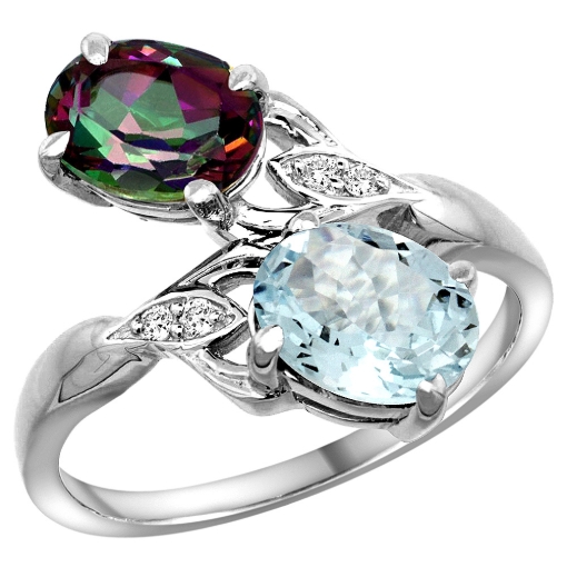 Picture of 10K White Gold Diamond Natural Mystic Topaz & Aquamarine 2-stone Ring Oval 8x6mm, sizes 5 - 10