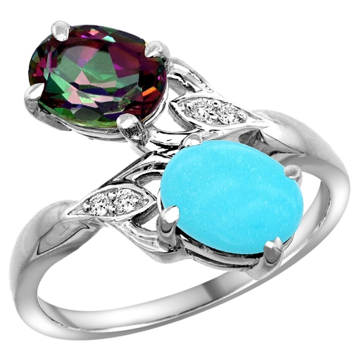 Picture of 10K White Gold Diamond Natural Mystic Topaz & Turquoise 2-stone Ring Oval 8x6mm, sizes 5 - 10