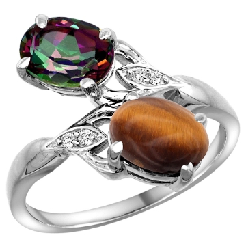 Picture of 10K White Gold Diamond Natural Mystic Topaz & Tiger Eye 2-stone Ring Oval 8x6mm, sizes 5 - 10