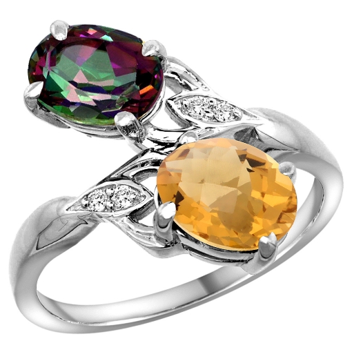 Picture of 10K White Gold Diamond Natural Mystic Topaz & Whisky Quartz 2-stone Ring Oval 8x6mm, sizes 5 - 10