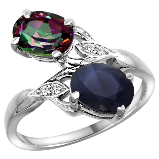 Picture of 10K White Gold Diamond Natural Mystic Topaz & Australian Sapphire 2-stone Ring Oval 8x6mm, sizes 5 - 10