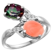 Picture of 10K White Gold Diamond Natural Mystic Topaz & Coral 2-stone Ring Oval 8x6mm, sizes 5 - 10