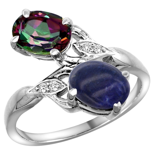 Picture of 10K White Gold Diamond Natural Mystic Topaz & Lapis 2-stone Ring Oval 8x6mm, sizes 5 - 10