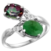 Picture of 10K White Gold Diamond Natural Mystic Topaz & Cabochon Emerald 2-stone Ring Oval 8x6mm, sizes 5 - 10