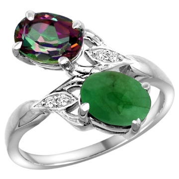 Picture of 10K White Gold Diamond Natural Mystic Topaz & Cabochon Emerald 2-stone Ring Oval 8x6mm, sizes 5 - 10