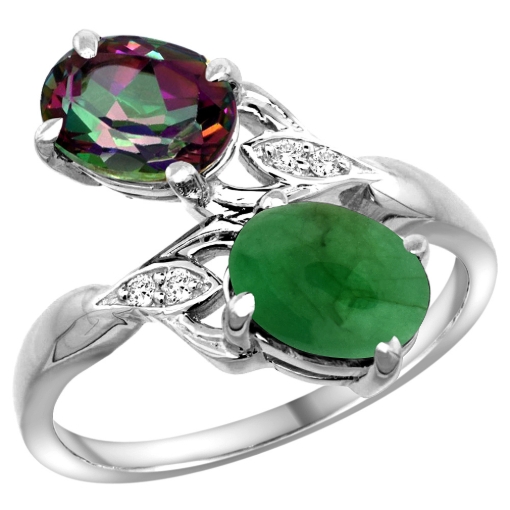 Picture of 10K White Gold Diamond Natural Mystic Topaz & Cabochon Emerald 2-stone Ring Oval 8x6mm, sizes 5 - 10
