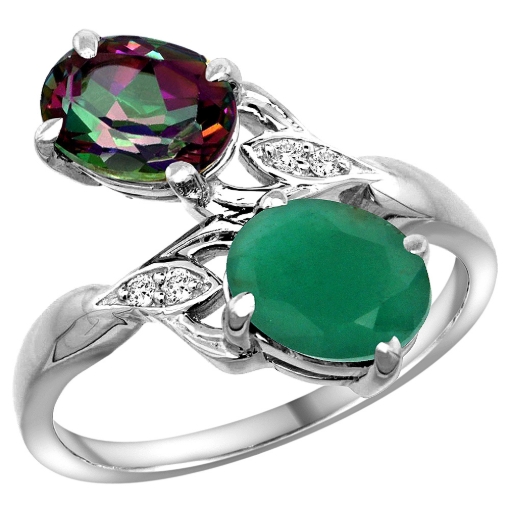 Picture of 10K White Gold Diamond Natural Mystic Topaz Emerald 2-stone Mothers Ring Oval 8x6mm size 5-10