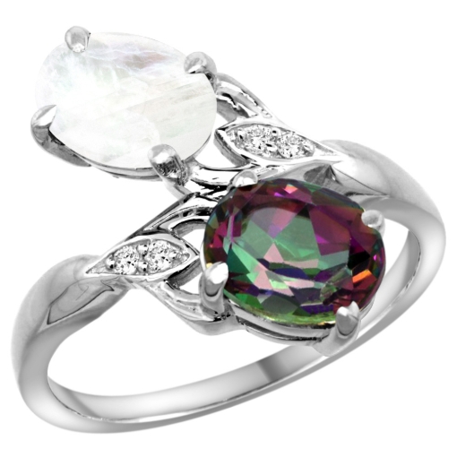 Picture of 10K White Gold Diamond Natural Mystic Topaz & Rainbow Moonstone 2-stone Ring Oval 8x6mm, sizes 5 - 10