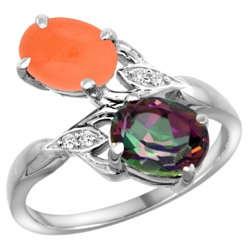 Picture of 10K White Gold Diamond Natural Mystic Topaz & Orange Moonstone 2-stone Ring Oval 8x6mm, sizes 5 - 10