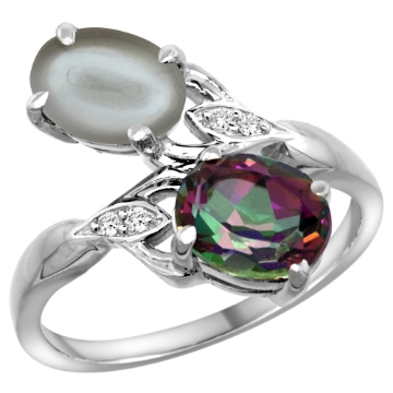 Picture of 10K White Gold Diamond Natural Mystic Topaz & Gray Moonstone 2-stone Ring Oval 8x6mm, sizes 5 - 10