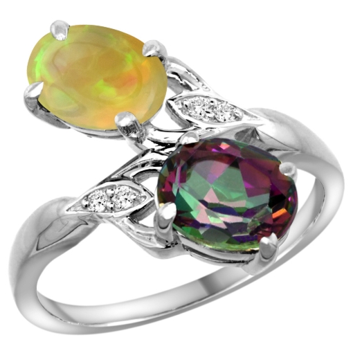 Picture of 10K White Gold Diamond Natural Mystic Topaz & Ethiopian Opal 2-stone Mothers Ring Oval 8x6mm, size 5 - 10