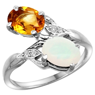 Picture of 10K White Gold Diamond Natural Citrine & Opal 2-stone Ring Oval 8x6mm, sizes 5 - 10