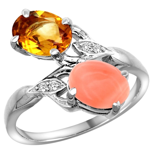 Picture of 10K White Gold Diamond Natural Citrine & Coral 2-stone Ring Oval 8x6mm, sizes 5 - 10