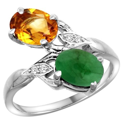 Picture of 10K White Gold Diamond Natural Citrine & Cabochon Emerald 2-stone Ring Oval 8x6mm, sizes 5 - 10