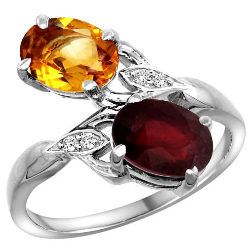 Picture of 10K White Gold Diamond Natural Citrine Ruby 2-stone Mothers Ring Oval 8x6mm size 5 - 10