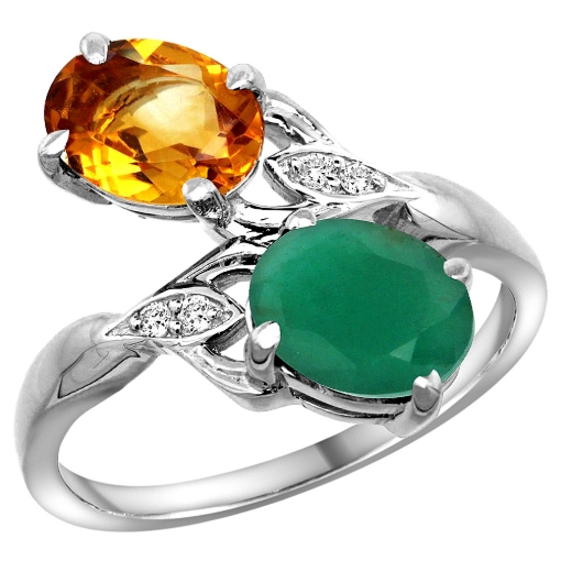 Picture of 10K White Gold Diamond Natural Citrine Emerald 2-stone Mothers Ring Oval 8x6mm size 5 - 10