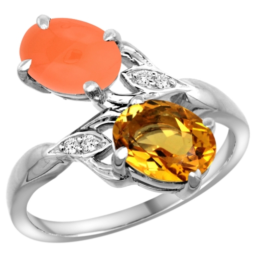 Picture of 10K White Gold Diamond Natural Citrine & Orange Moonstone 2-stone Ring Oval 8x6mm, sizes 5 - 10