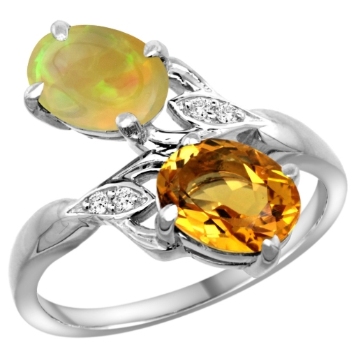 Picture of 10K White Gold Diamond Natural Citrine & Ethiopian Opal 2-stone Mothers Ring Oval 8x6mm, size 5 - 10