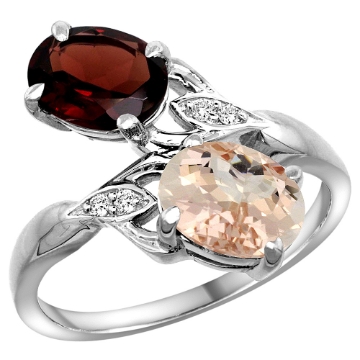 Picture of 10K White Gold Diamond Natural Garnet & Morganite 2-stone Ring Oval 8x6mm, sizes 5 - 10