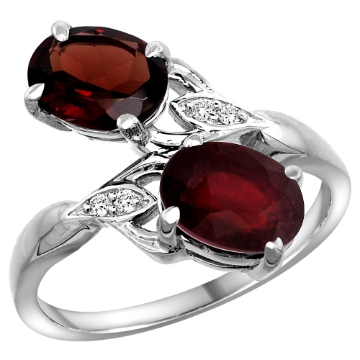 Picture of 10K White Gold Diamond Natural Garnet & Enhanced Genuine Ruby 2-stone Ring Oval 8x6mm, sizes 5 - 10