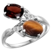 Picture of 10K White Gold Diamond Natural Garnet & Tiger Eye 2-stone Ring Oval 8x6mm, sizes 5 - 10