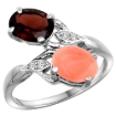 Picture of 10K White Gold Diamond Natural Garnet & Coral 2-stone Ring Oval 8x6mm, sizes 5 - 10