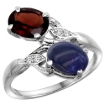 Picture of 10K White Gold Diamond Natural Garnet & Lapis 2-stone Ring Oval 8x6mm, sizes 5 - 10