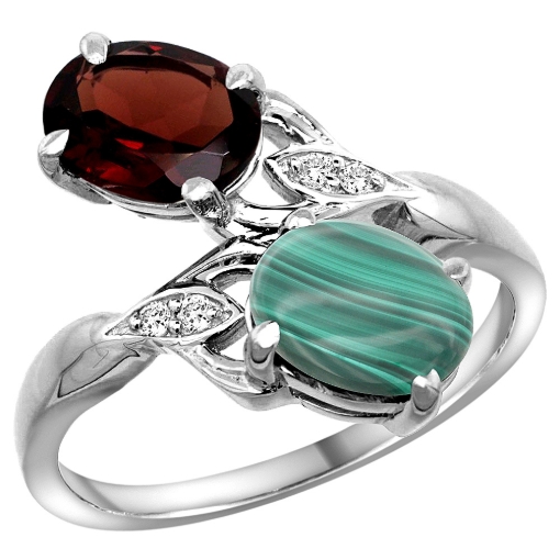 Picture of 10K White Gold Diamond Natural Garnet & Malachite 2-stone Ring Oval 8x6mm, sizes 5 - 10