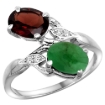 Picture of 10K White Gold Diamond Natural Garnet & Cabochon Emerald 2-stone Ring Oval 8x6mm, sizes 5 - 10