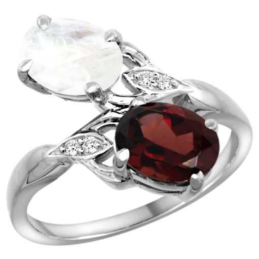 Picture of 10K White Gold Diamond Natural Garnet & Rainbow Moonstone 2-stone Ring Oval 8x6mm, sizes 5 - 10