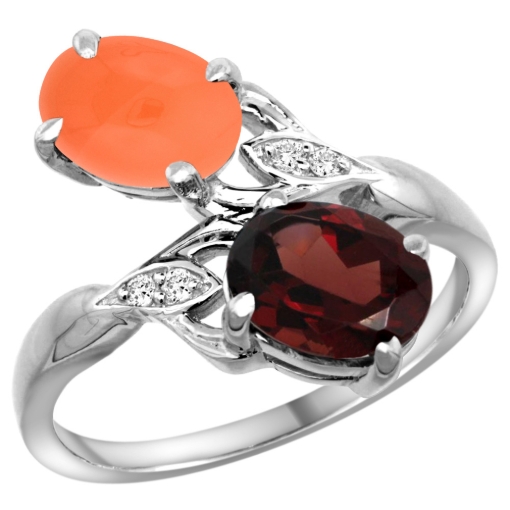 Picture of 10K White Gold Diamond Natural Garnet & Orange Moonstone 2-stone Ring Oval 8x6mm, sizes 5 - 10