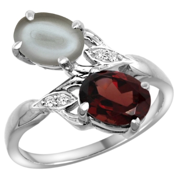 Picture of 10K White Gold Diamond Natural Garnet & Gray Moonstone 2-stone Ring Oval 8x6mm, sizes 5 - 10