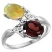 Picture of 10K White Gold Diamond Natural Garnet & Ethiopian Opal 2-stone Mothers Ring Oval 8x6mm, size 5 - 10