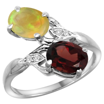 Picture of 10K White Gold Diamond Natural Garnet & Ethiopian Opal 2-stone Mothers Ring Oval 8x6mm, size 5 - 10