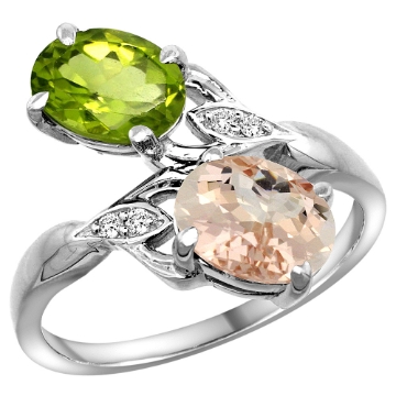 Picture of 10K White Gold Diamond Natural Peridot & Morganite 2-stone Ring Oval 8x6mm, sizes 5 - 10