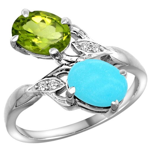 Picture of 10K White Gold Diamond Natural Peridot & Turquoise 2-stone Ring Oval 8x6mm, sizes 5 - 10